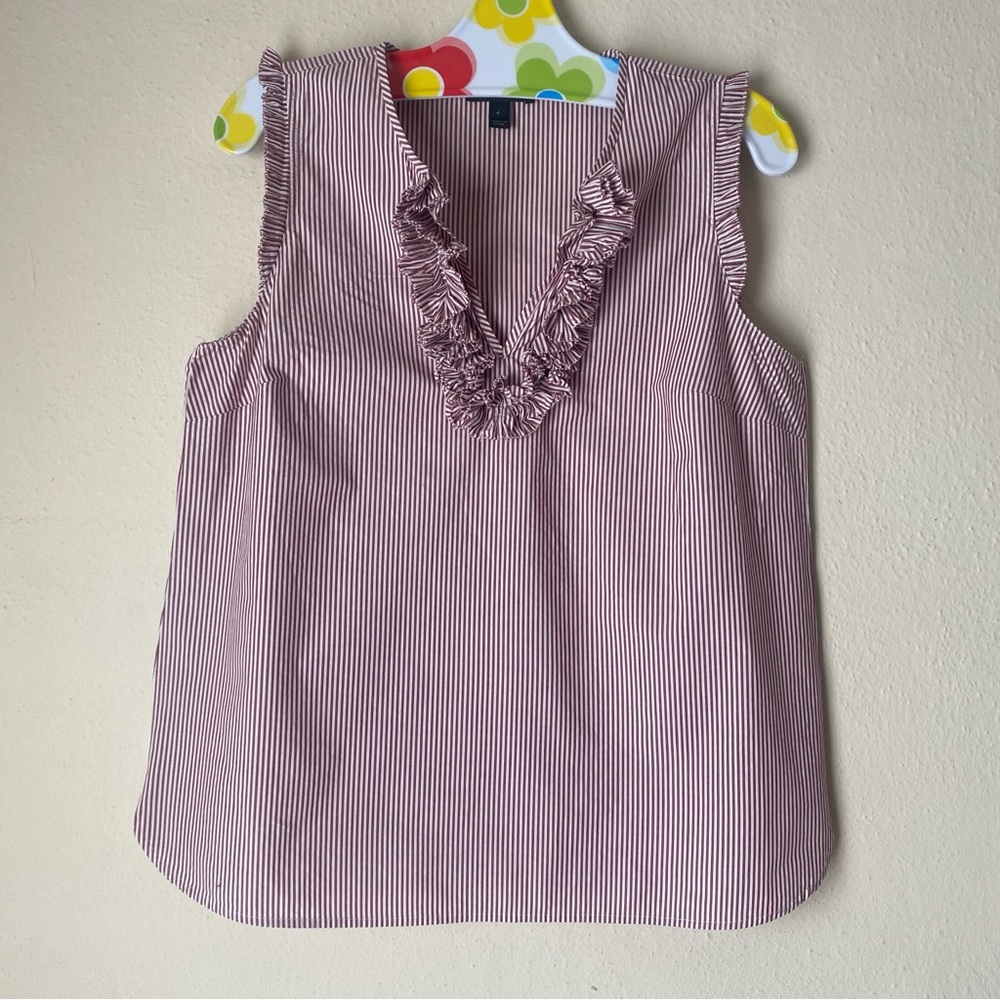 J. Crew Burgundy and White Striped Sleeveless Blouse with a V-neck and ruffles
